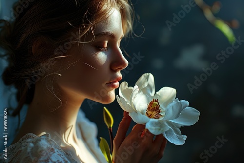 Beautiful girl, detailed realistic portrait close up of a young beautiful woman 18 years old with a lily flower, gentle portrait, woman's health photo