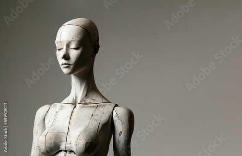old wooden mannequin standing on grey background