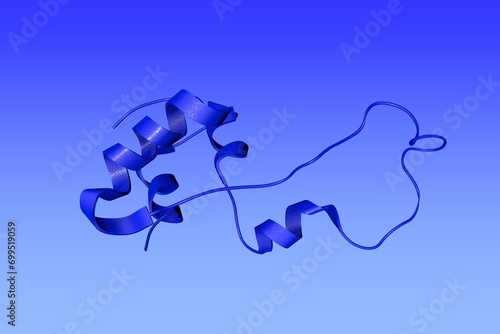 NMR Structure of Proinsulin. Ribbons diagram on blue background. Rendering based on protein data bank entry 2kqp. Scientific background. 3d illustration photo