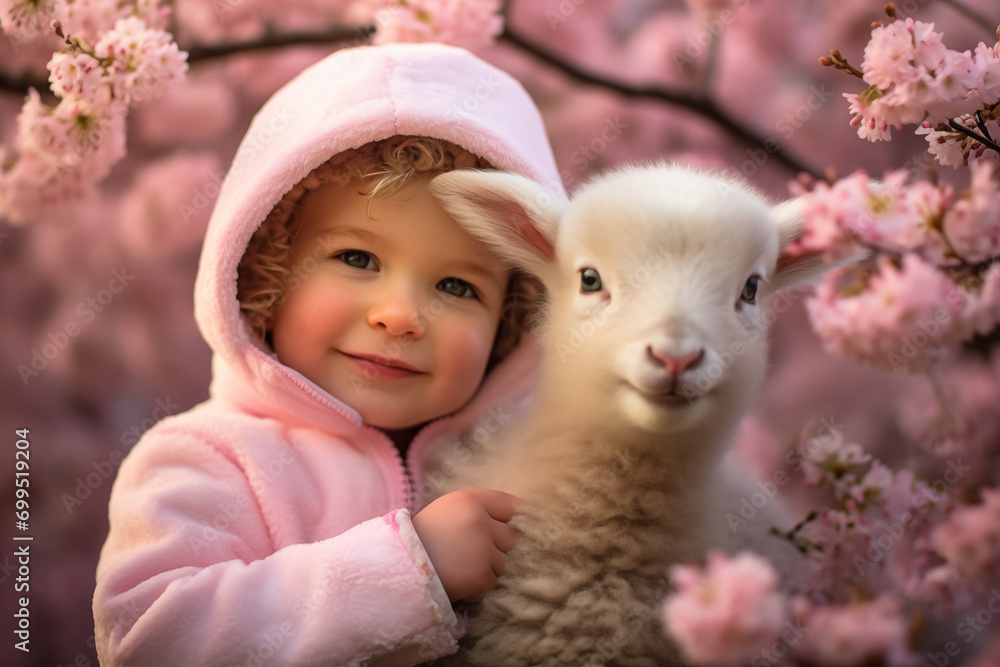 Little cute girl with a little sheep under blooming pink cherry blossom trees Little cute girl with a little sheep under blooming pink cherry blossom trees
