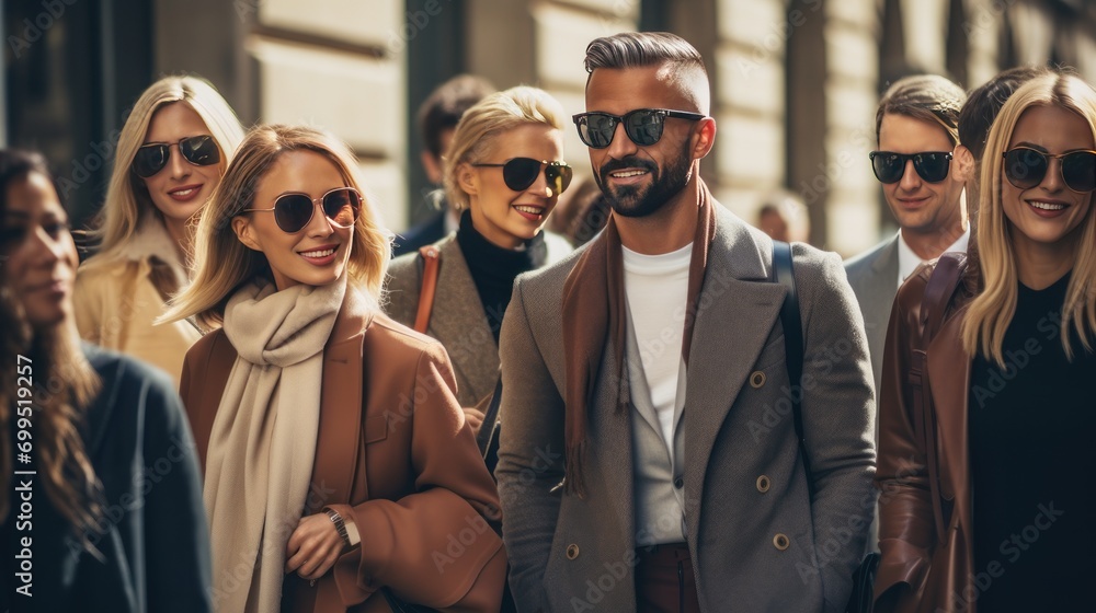 Business men and women wear street style clothes after a fashion show at Milan Fashion Week. - obrazy, fototapety, plakaty 