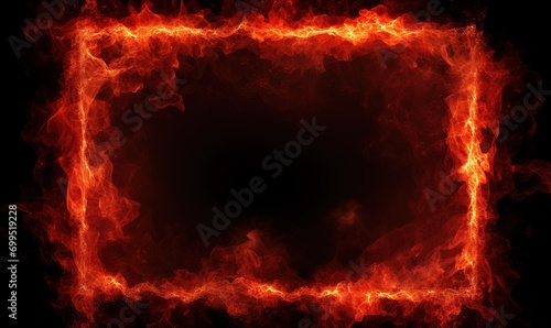Empty frame with bright fire border, glowing burning flame signboard, orange fire flames around rectangle frame on black background, banners or advertisements concept Generative AI photo