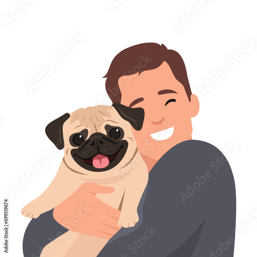 Young man hugging little dog pet. Smiling boy petting domestic animal. Friendship between a man and pet. Cute friendly pug. Flat vector illustration isolated on white background