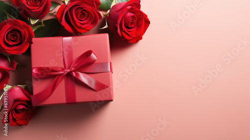 valentines day  mother day  red gift box with red rose flower on pink background top view  with empty copy space