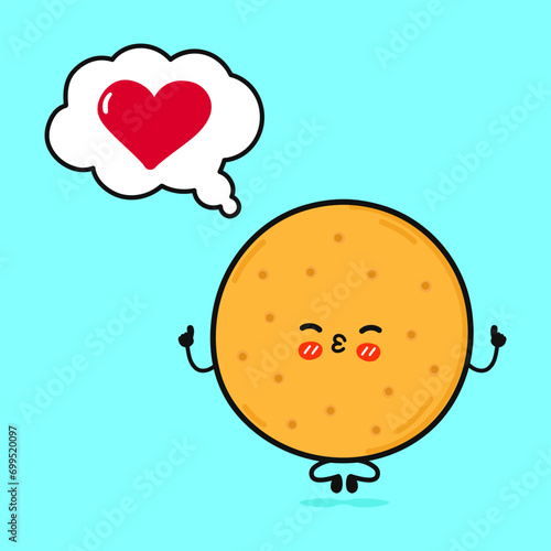 Cookies doing yoga with speech bubble. Vector hand drawn cartoon kawaii character illustration icon. Isolated on blue background. Cookies in love character concept