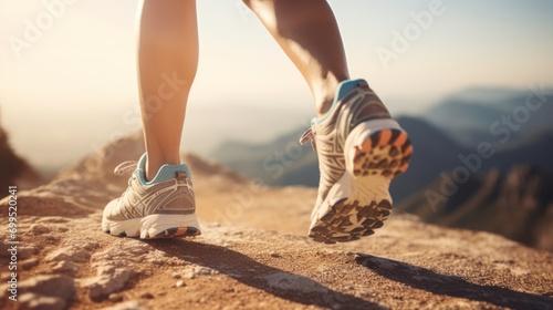 Female legs with sports shoes and backpack running on mountain trail photo