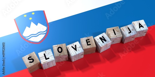 Slovenija - Slovenia - wooden cubes and country flag - 3D illustration photo