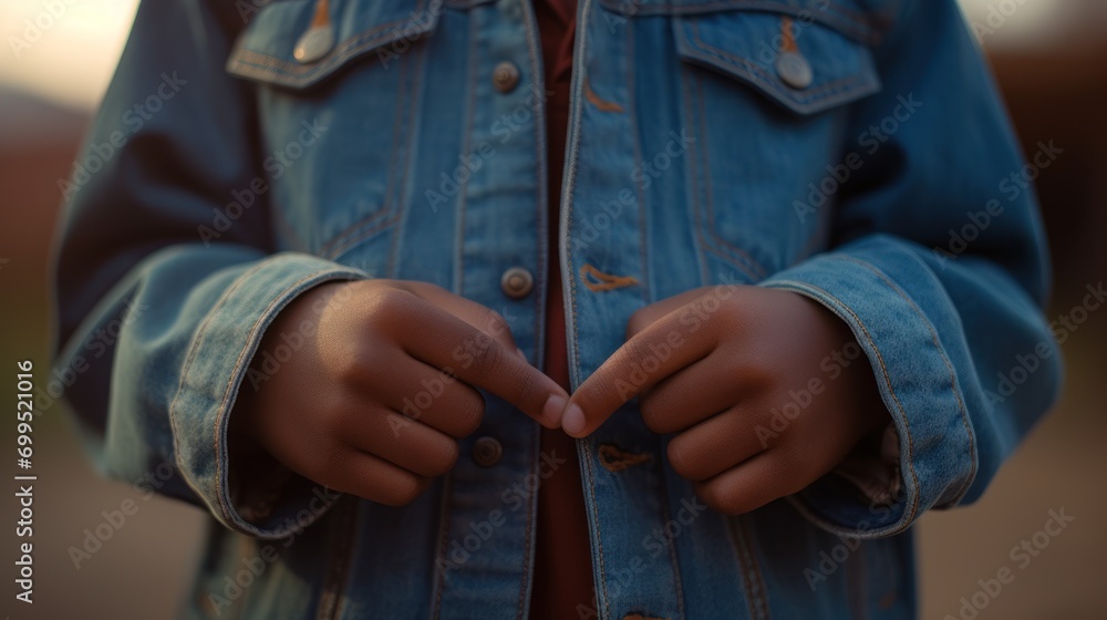 The hands of a rough African American boy wearing a denim jacket reach out and beg for alms.