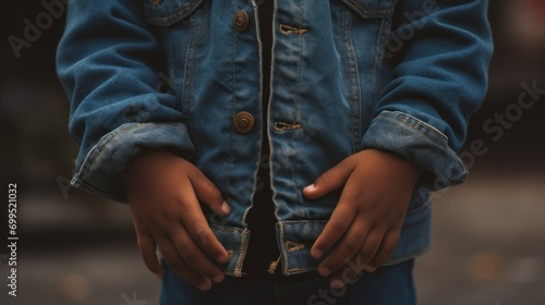 The hands of a rough African American boy wearing a denim jacket reach out and beg for alms. photo