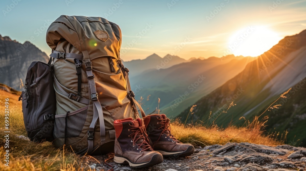 Close-up of hiking and camping gear, backpacks, water bottles, and leather ankle boots. Behind is a mountain with some mist. at sunset telephoto lens natural lighting - obrazy, fototapety, plakaty 