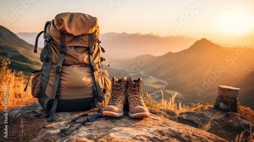 Close-up of hiking and camping gear, backpacks, water bottles, and leather ankle boots. Behind is a mountain with some mist. at sunset telephoto lens natural lighting photo