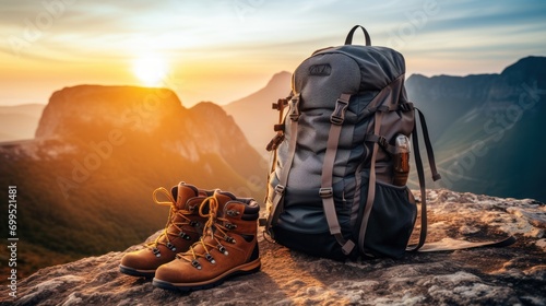 Close-up of hiking and camping gear, backpacks, water bottles, and leather ankle boots. Behind is a mountain with some mist. at sunset telephoto lens natural lighting
