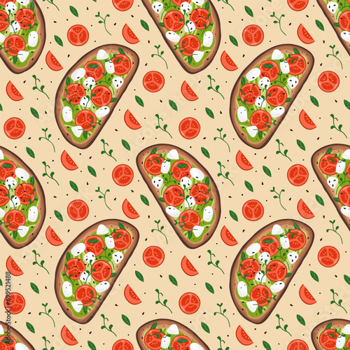 Pattern with bruschetta, tomato and greenery