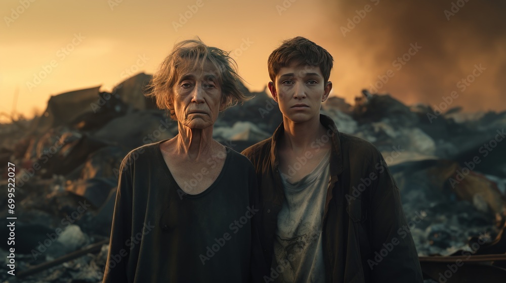 A sad-faced old woman and a young boy wore torn clothes. Standing sadly looking at the camera Behind is a large pile of garbage. Garbage factory at sunset