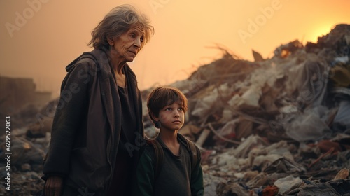A sad-faced old woman and a young boy wore torn clothes. Standing sadly looking at the camera Behind is a large pile of garbage. Garbage factory at sunset