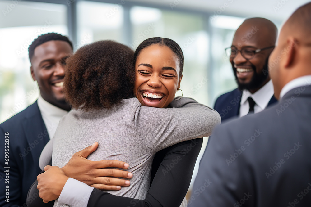 Medium shot smiley business team hugging each other in modern office
