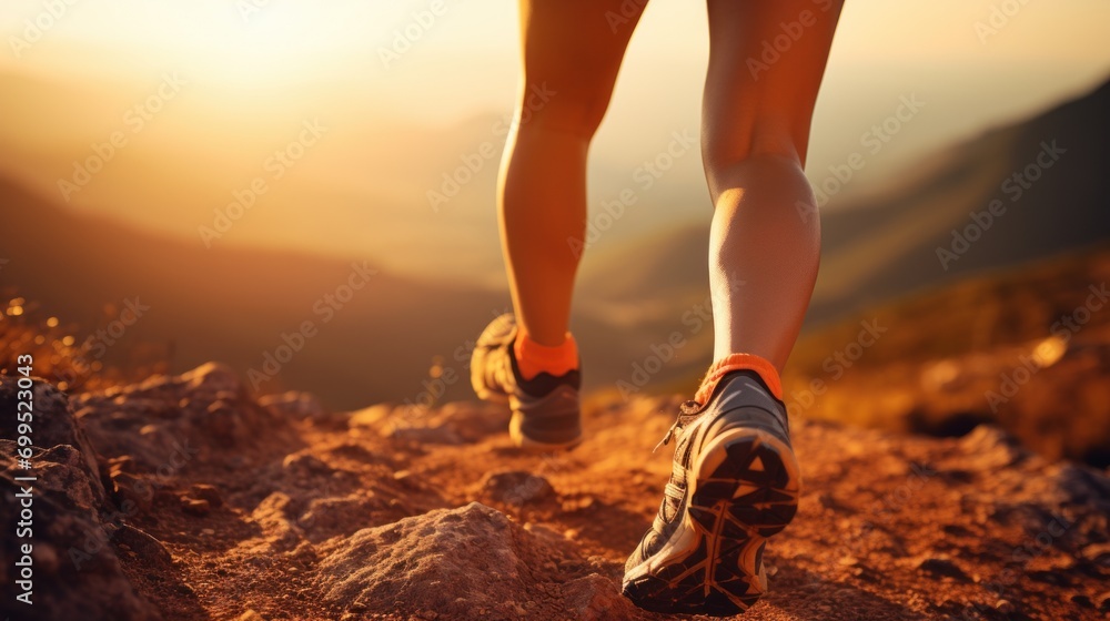 Woman's legs with sports shoes running on a mountain path Woman's legs with sports shoes running on a mountain path