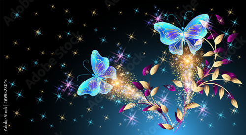 Flying delightful magical butterflies with sparkle and blazing trail in night sky. Love and romance concept.