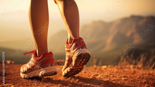 Woman's legs with sports shoes running on a mountain path