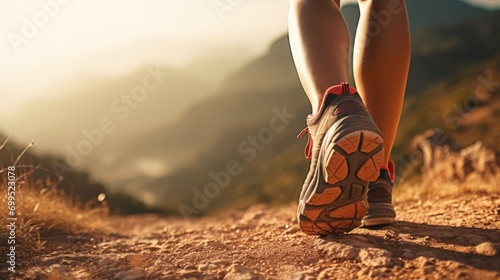 Woman's legs with sports shoes running on a mountain path