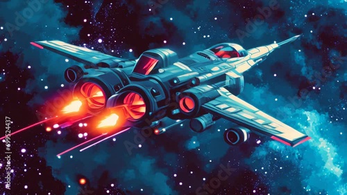 Sci-fi arcade style spaceship flying in space animated wallpaper photo