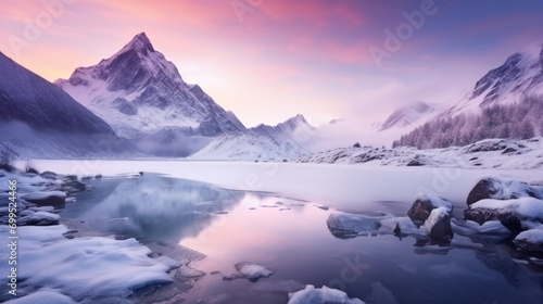 mountains lake winter season snowy sunset landscape beautiful nature ai visual concept © Ali