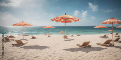 Summer holidays. Sunny umbrellas with sun loungers on a sandy beach. Photo for covers, prints, posters. Generative AI