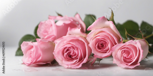 Bouquet of pink roses on a white background. Valentines day background. Banner, design, web, mockup. Generative AI