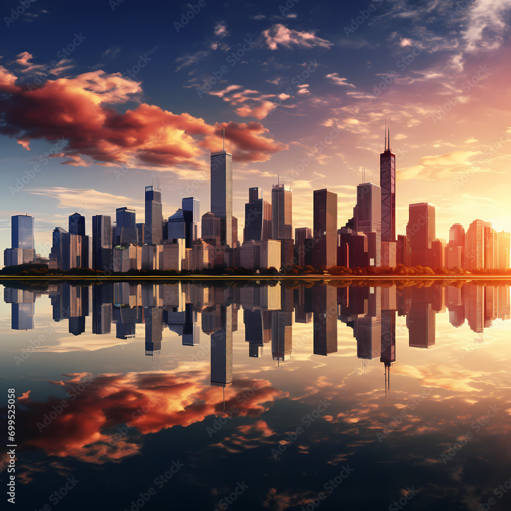 A city skyline reflected in the calm waters of a lake.