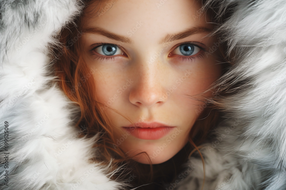 Model in a white fur coat with hood, creating a cozy and warm look in the winter, emphasizing the freckles and natural beauty.