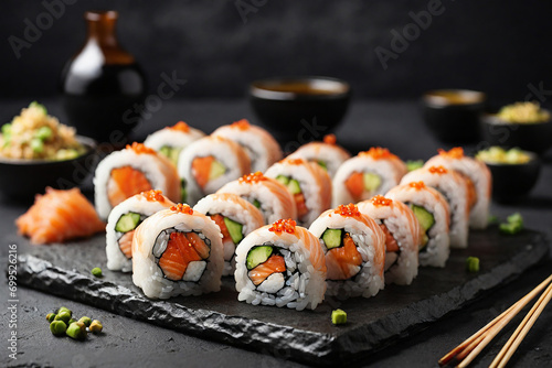 Sushi rolls with salmon, avocado, cucumber and cream cheese. Sushi menu