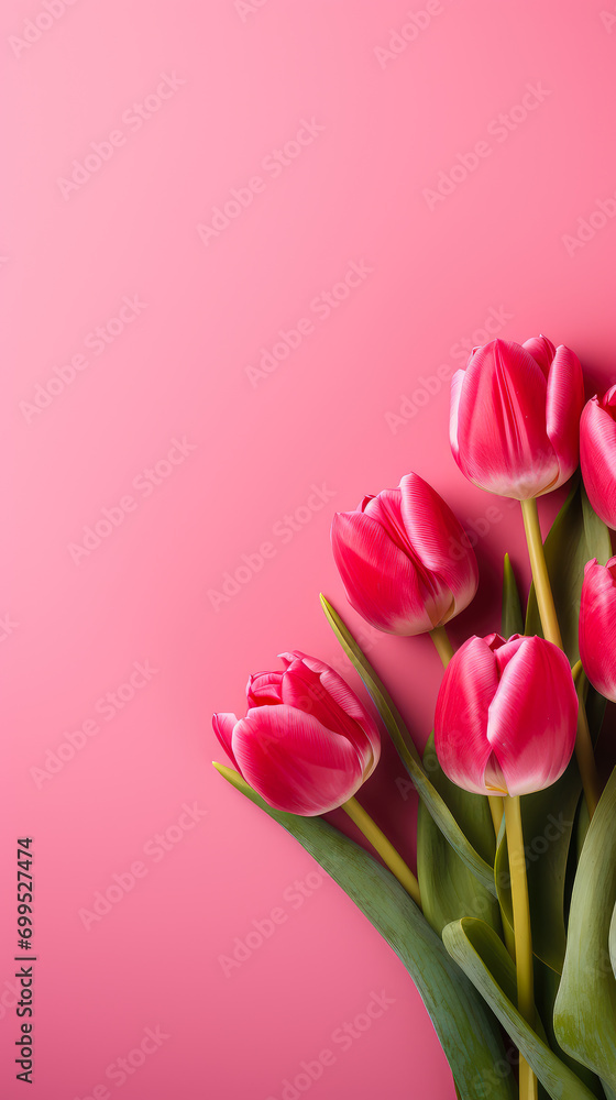 Pink Background with Tulips. Free Space for Text, Copy Space, Mock up. Concept of Spring and International Women's Day on March 8. Vertical Banner