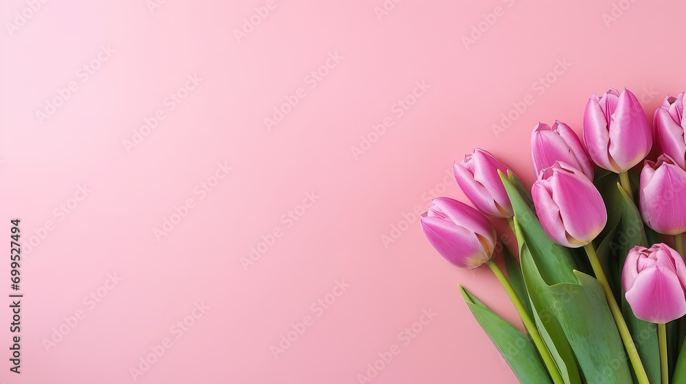 Pink Background with Tulips. Free Space for Text, Copy Space, Mock up. Concept of Spring and International Women's Day on March 8.