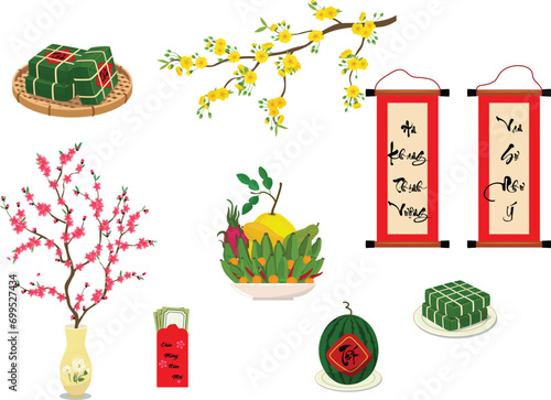 Set of elements for Tet holiday concept flat vector illustration isolated on white background. Vietnamese traditional new year. Lunar new year. Tet festival.