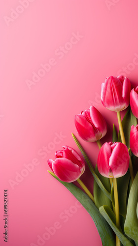 Pink Background with Tulips. Free Space for Text, Copy Space, Mock up. Concept of Spring and International Women's Day on March 8. Vertical Banner