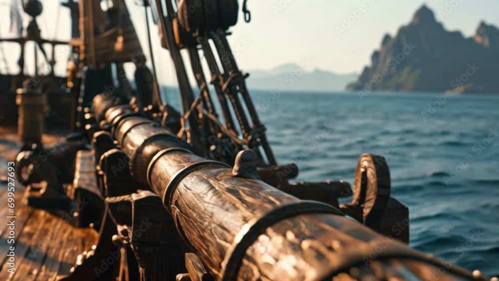 View from a pirate ship wooden railing into a treasure island medieval ...