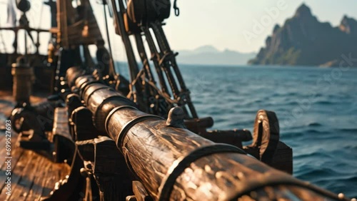 View from a pirate ship wooden railing into a treasure island medieval style animation photo