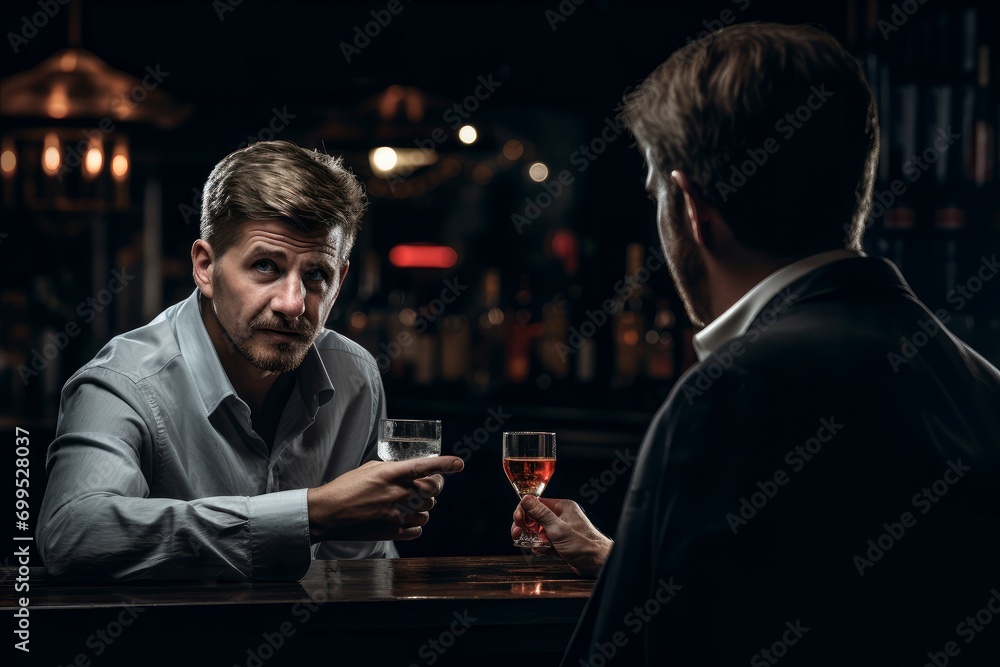 Self-disciplined Man refusing vodka drink glass. Male character rejects alcoholic beverage bad habit. Generate ai