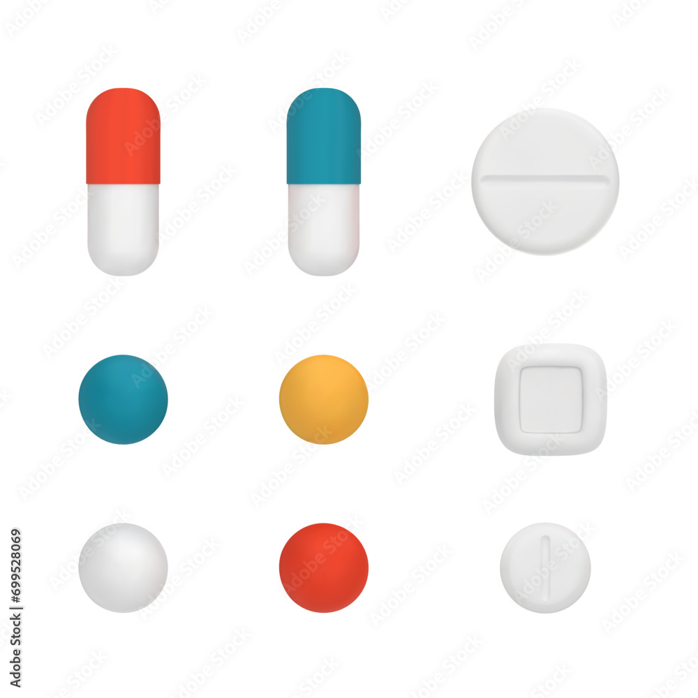 Set of 3D vector pills. Medicines, tablets, capsules, drug of painkillers, antibiotics, vitamins. Healthcare medicines. Vector illustration in cartoon minimal style isolated on a white background Set of 3D vector pills. Medicines, tablets, capsules, drug of painkillers, antibiotics, vitamins. Healthcare medicines. Vector illustration in cartoon minimal style isolated on a white background