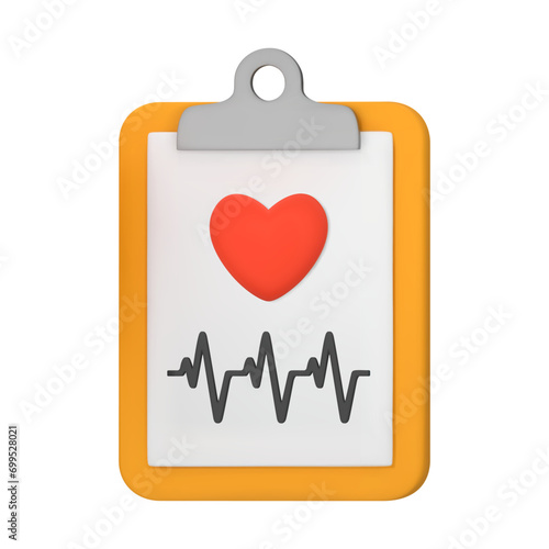 3d medical document with heart and cardiogram. Medical icon. Healthcare and medicine. Health check form report, health checkup clipboard. 3D vector illustration isolated on white background
