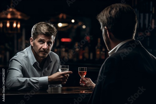 Self-disciplined Man refusing vodka drink glass. Male character rejects alcoholic beverage bad habit. Generate ai photo
