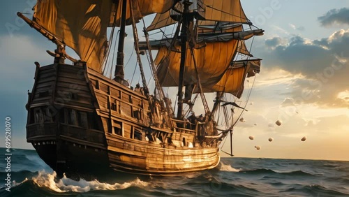 Medieval pirate ship galley sailing in the sunset photo