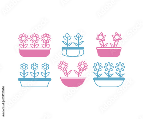 set of home garden pot flowers simple flat vector design icon illustration element collections