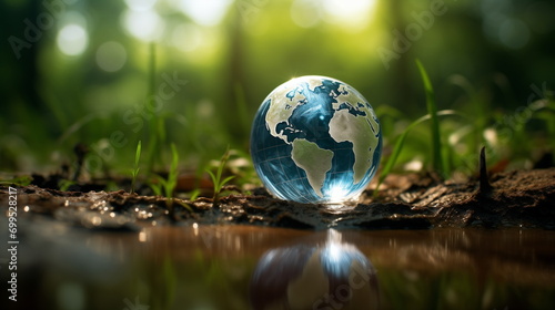 A glass globe with a blue and green design on it