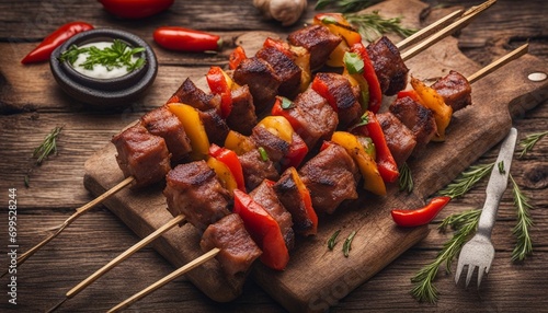 Traditional Russian shashlik on a barbecue skewer with paprika as closeup on an old board photo