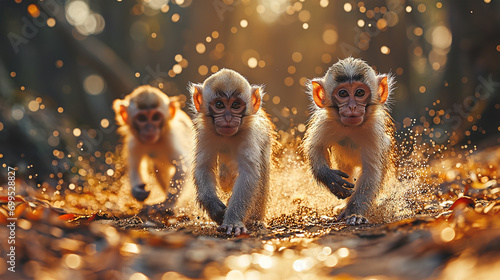 Monkey family running out from the wild, blured background with gold light, fantacy concept for year of monkey, © Phichet1991