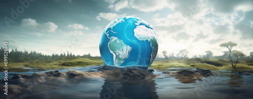 A globe in water with grass and trees in the background