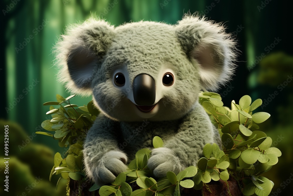 Huggable Plush Koala Toy, on an isolated Eucalyptus Green background, Generative AI