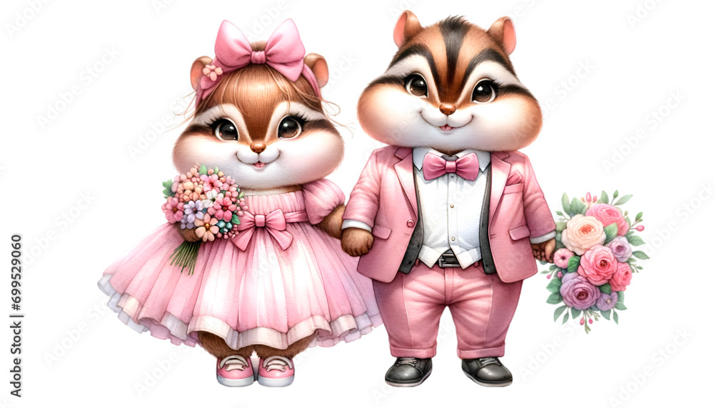 Obraz premium Watercolor illustration of a cute chubby Chipmunk couple character in cute pink outfits, celebrating Valentine's Day and radiating happiness and cheerfulness.