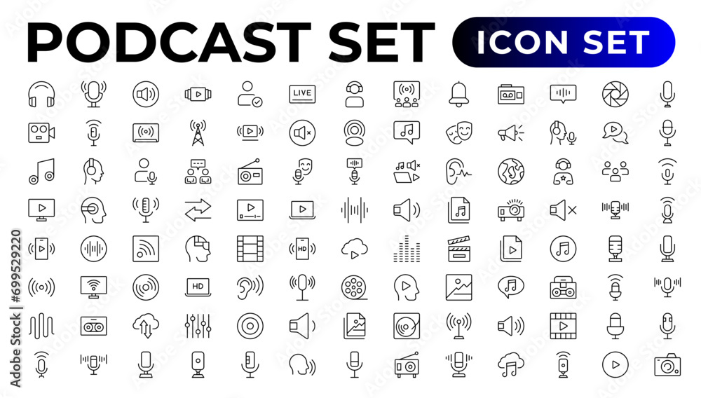Podcast icon collection. Containing audio, microphone, record, podcasting, broadcasting.Outline icon collection. - obrazy, fototapety, plakaty 